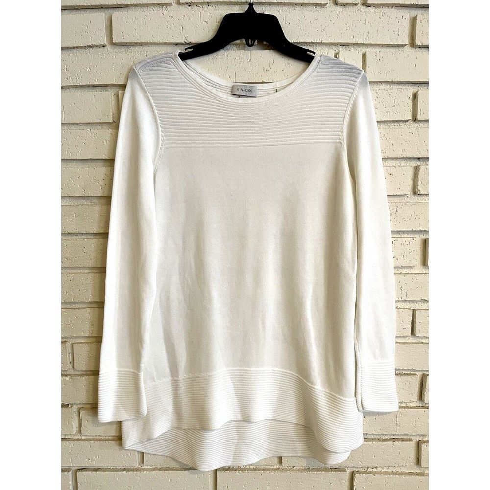 Kinross Womens Long Sleeve Ribbed Trim Lightweight Sweater White Size Medium